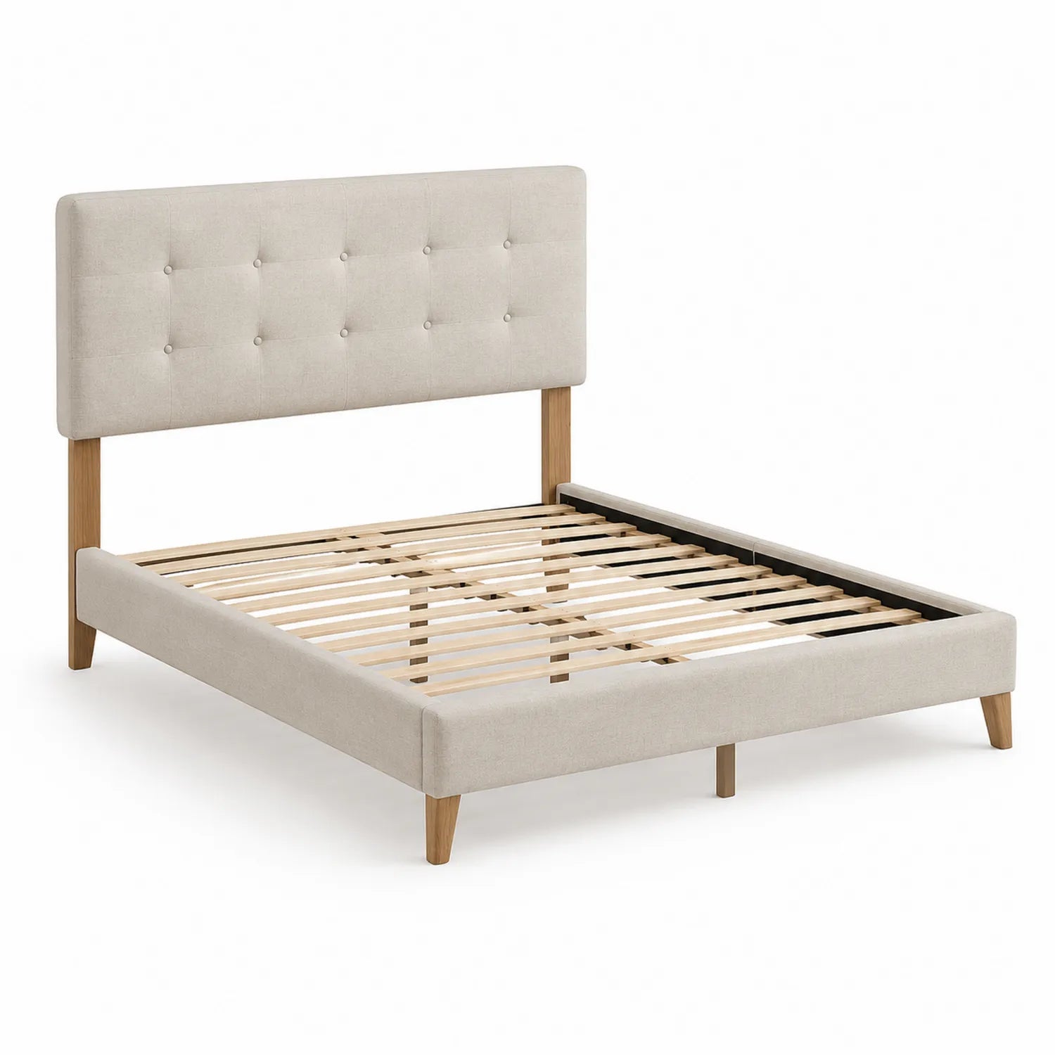 Letto matrimoniale in tessuto con testiera imbottita e gambe in legno beige 160x200 cm