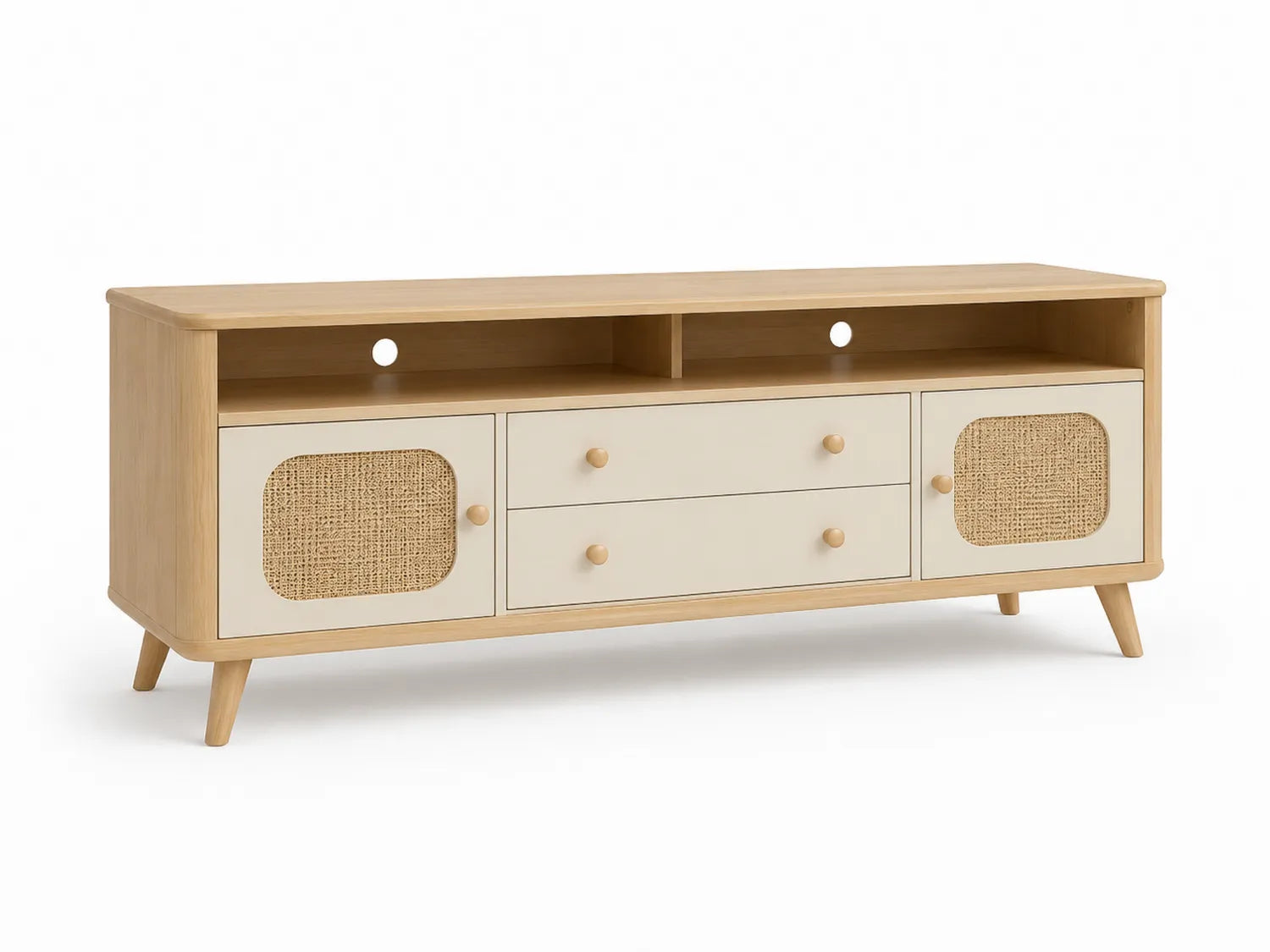 Mobile Porta TV in Legno Massello e Vimini Beige 150x40x50 cm
