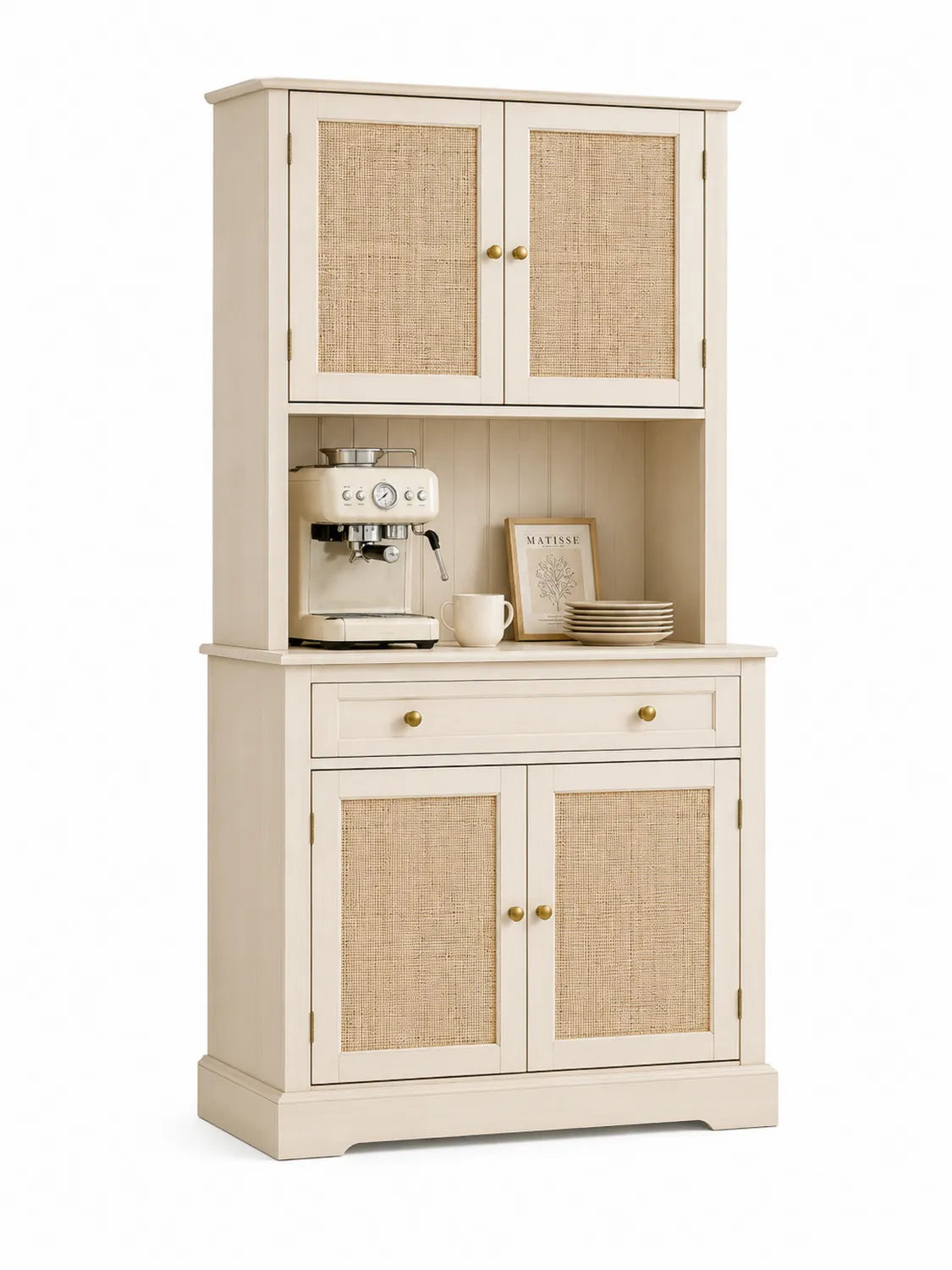 Credenza in Legno con Ante in Rattan Crema