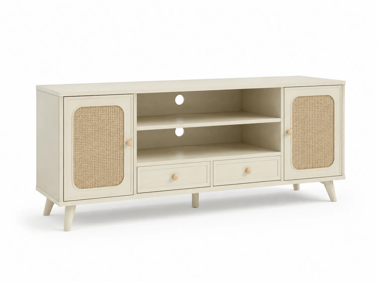 Mobile TV in MDF con ante in rattan e cassetti beige