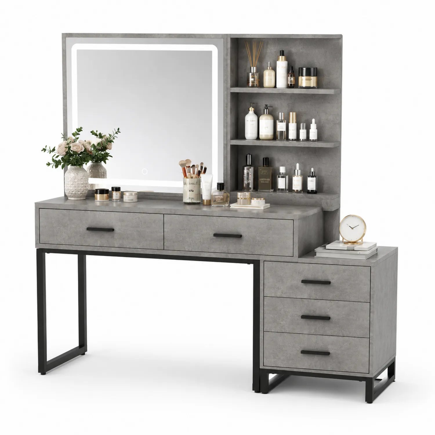 Toeletta in MDF Grigio con Specchio LED e Scaffali