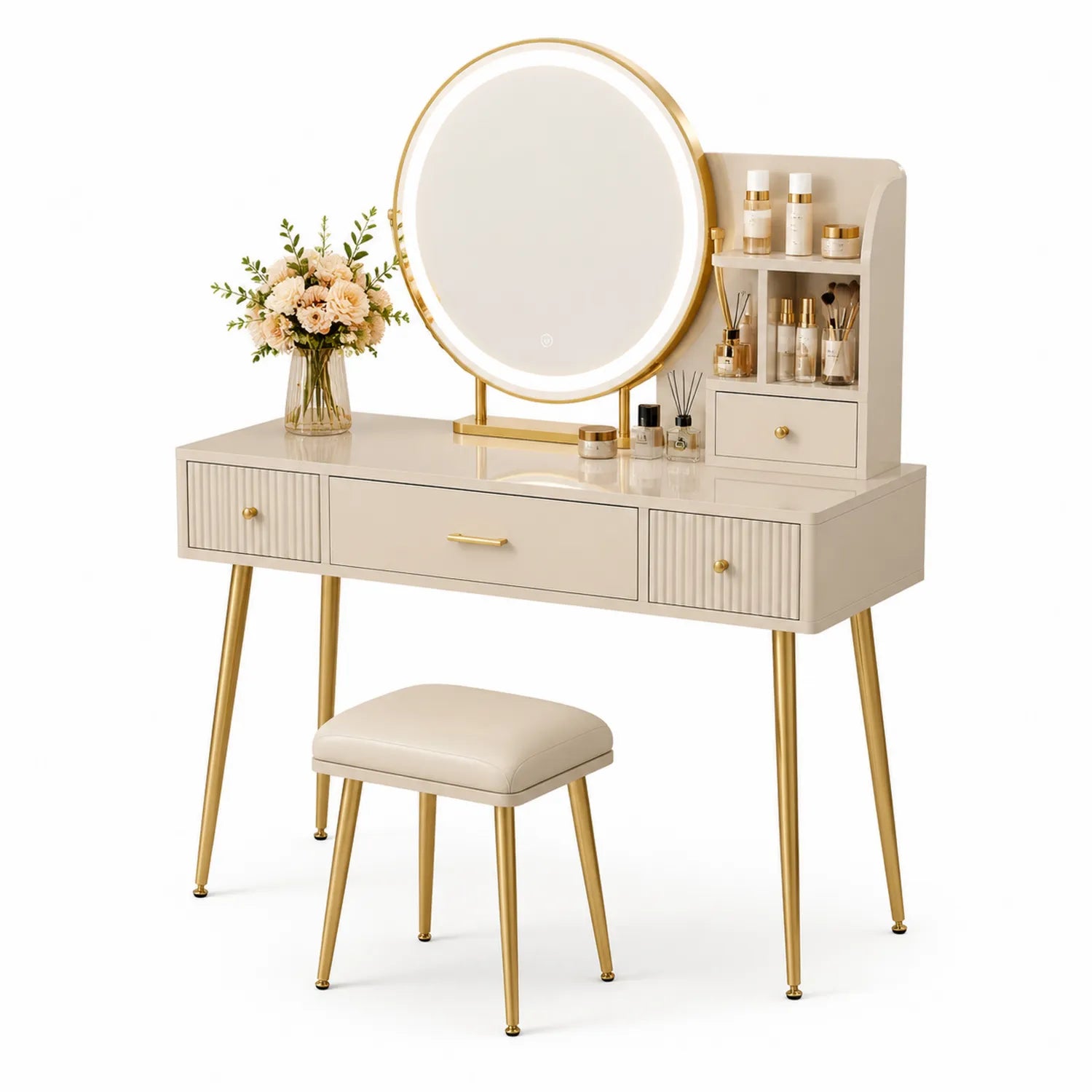 Toletta con Specchio LED e Sgabello Imbottito in MDF e Metallo