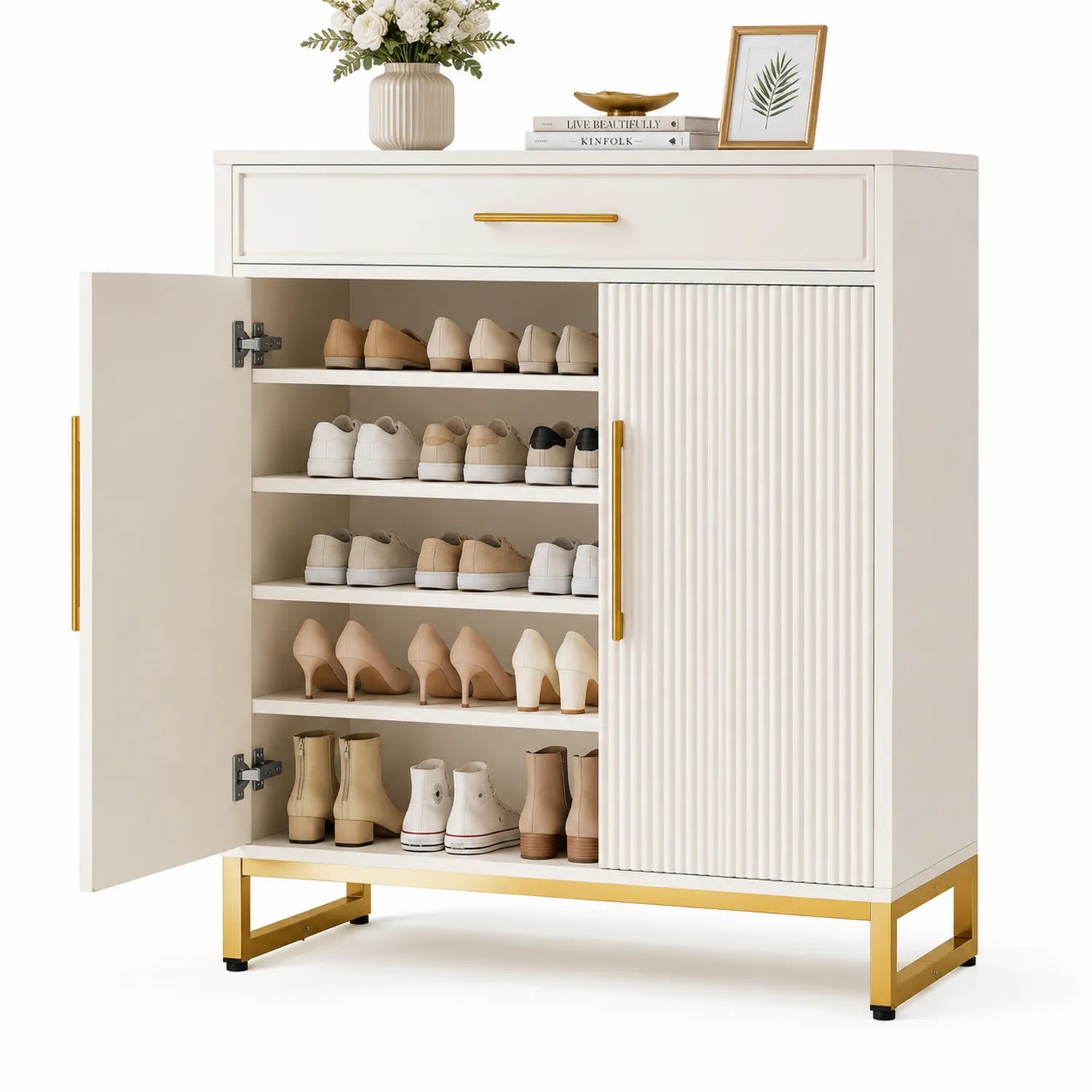 Armadio portascarpe in MDF Bianco con Maniglie Dorate