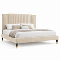 Letto matrimoniale in legno e tessuto beige con testiera imbottita