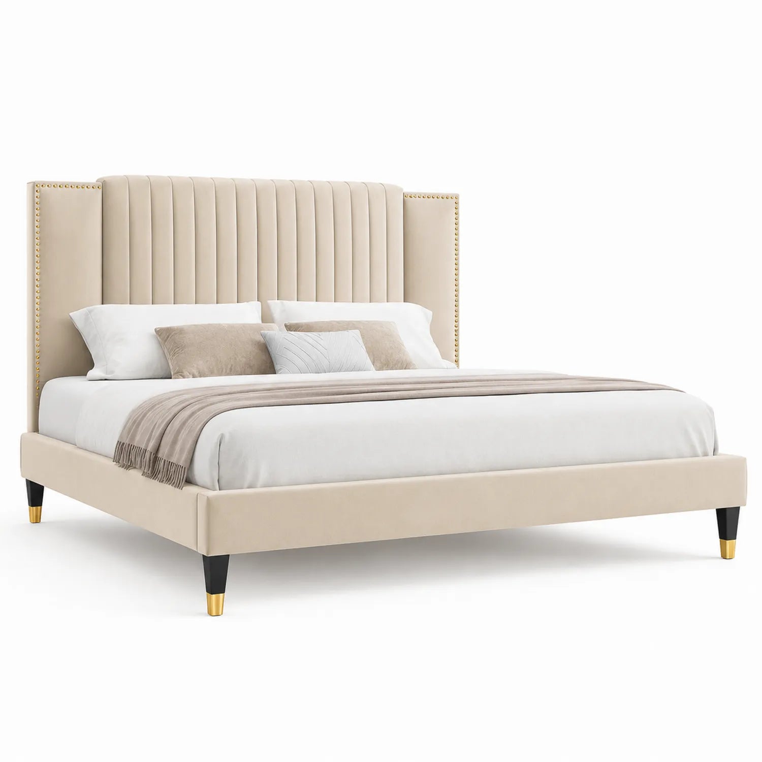 Letto matrimoniale in legno e tessuto beige con testiera imbottita