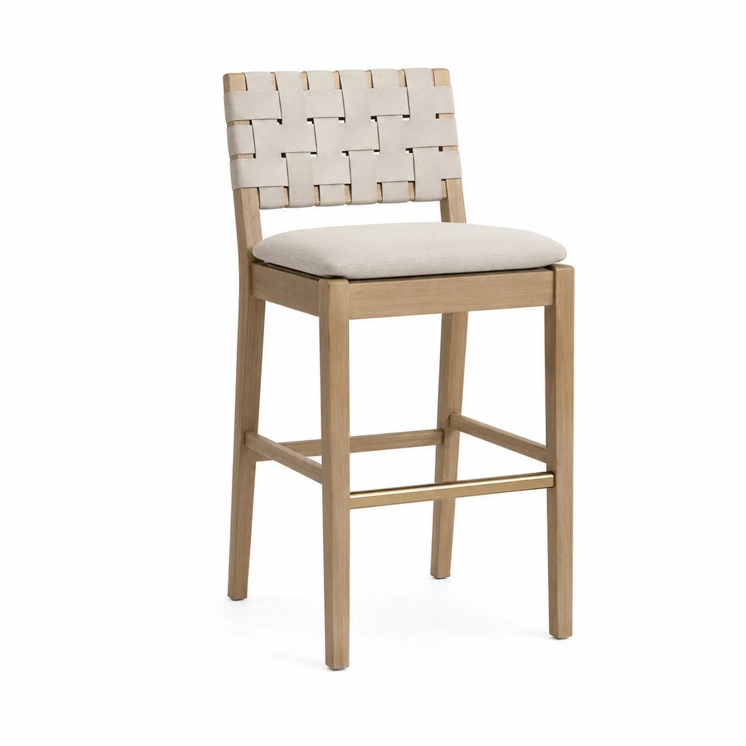 Sgabello in legno con seduta beige e schienale intrecciato