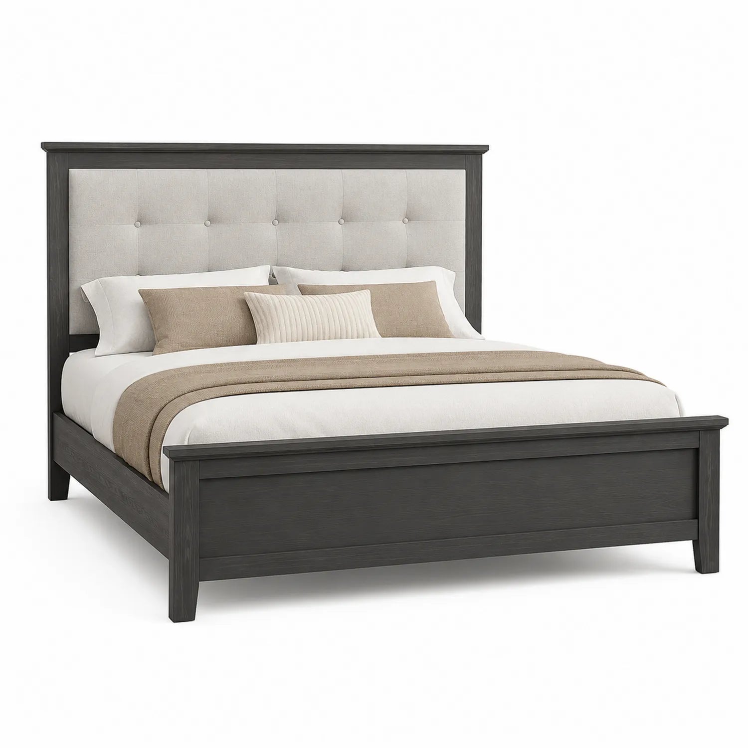 Letto matrimoniale in legno con testiera imbottita in tessuto grigio