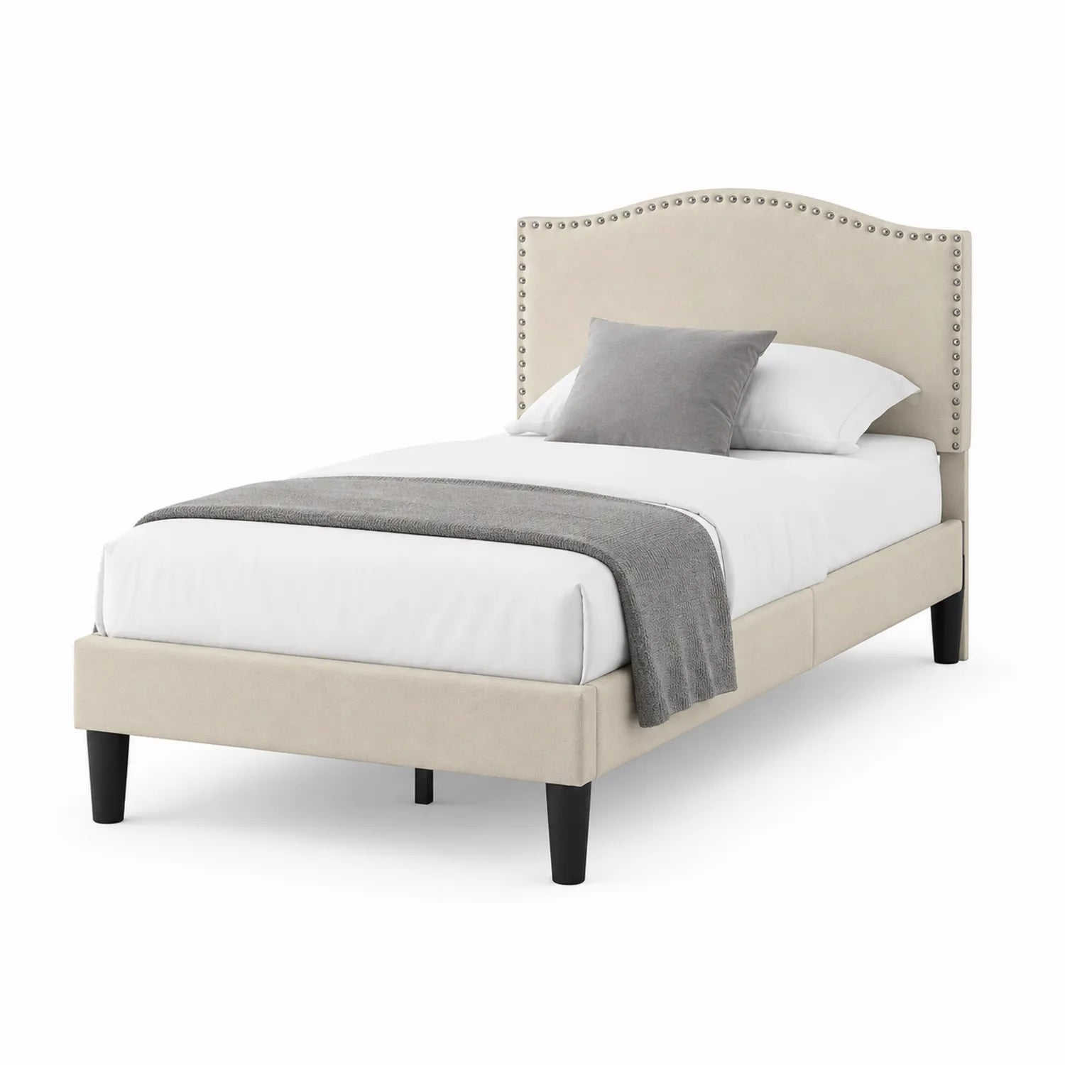 Letto singolo con testiera imbottita beige in legno e metallo 200x100 cm