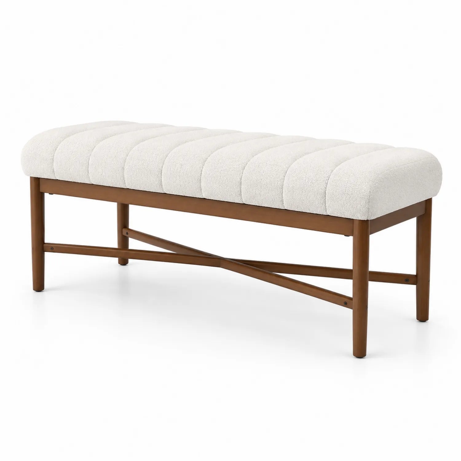 Panca in Legno e Tessuto Bouclé Bianco 120x40x45 cm