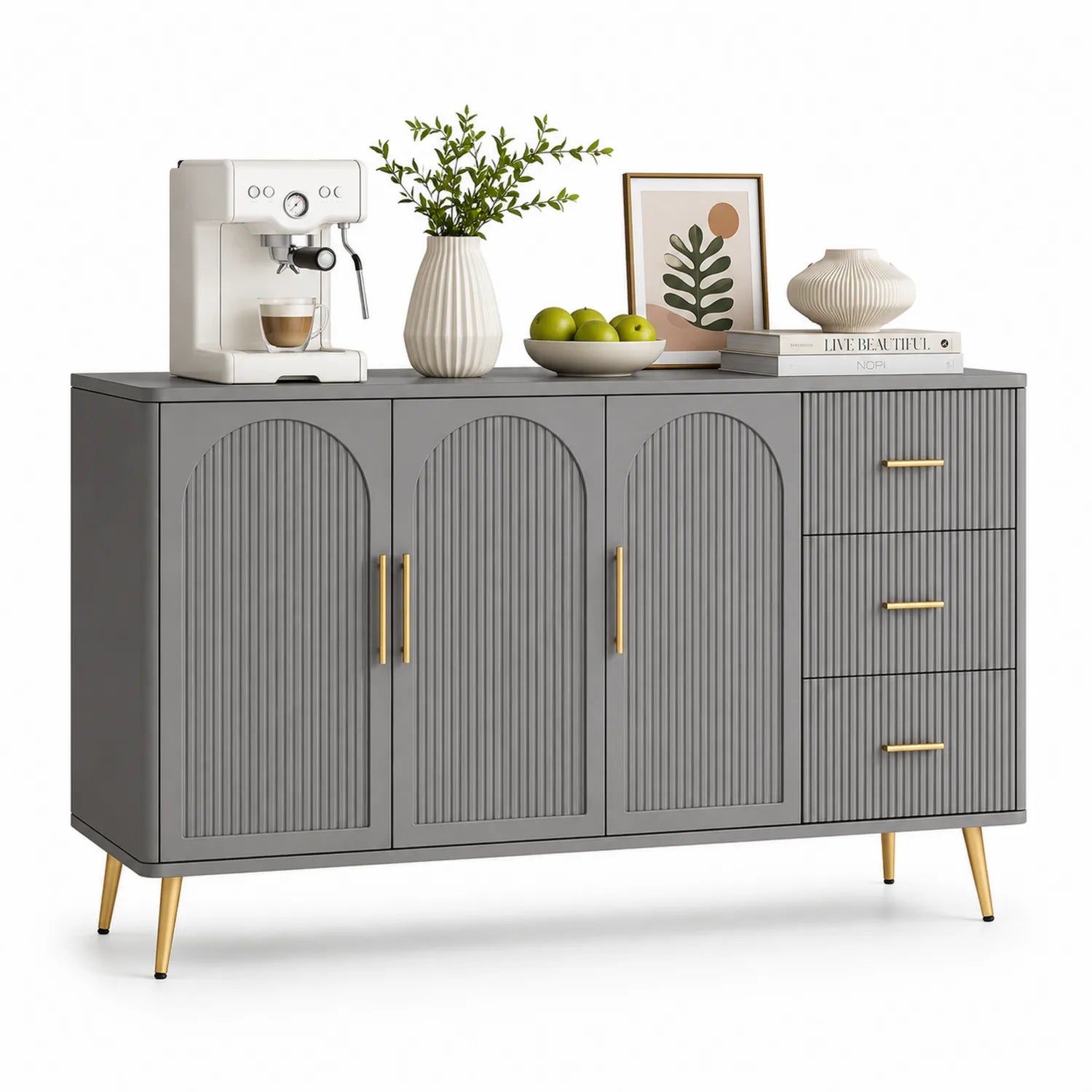 Credenza in Legno MDF Grigio con Ante e Cassetti