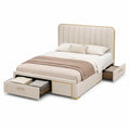 Letto Matrimoniale con Rivestimento in Microfibra Beige e Cassetti