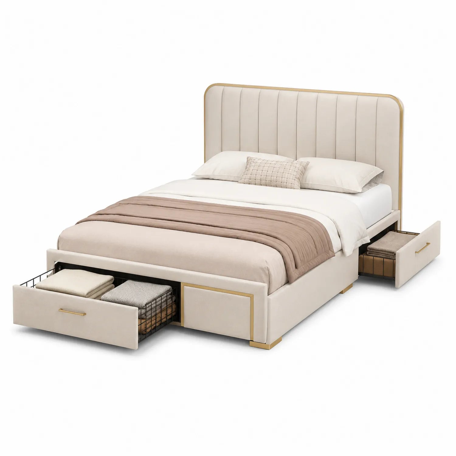 Letto Matrimoniale con Rivestimento in Microfibra Beige e Cassetti
