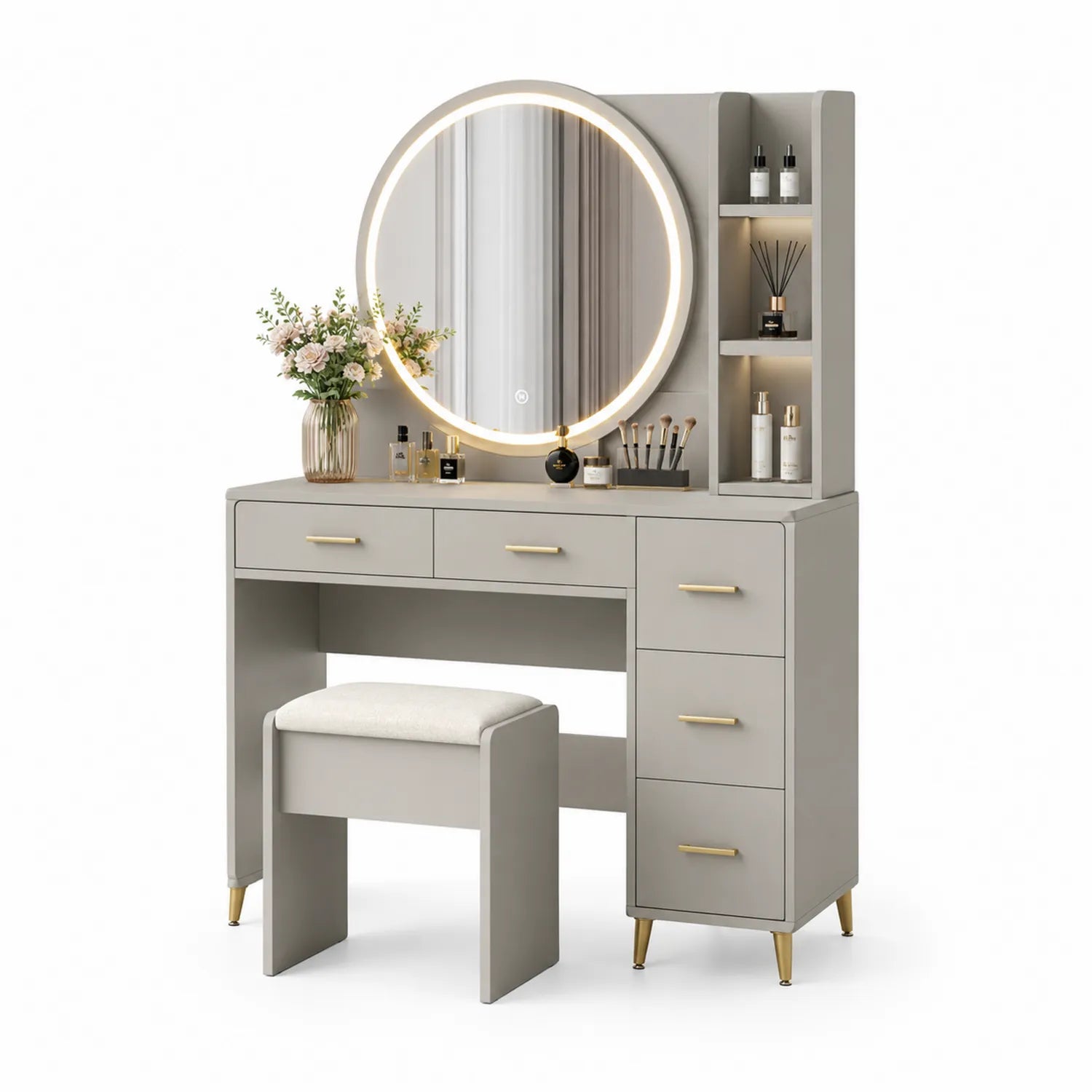 Tavolo da toeletta in legno MDF con specchio LED rotondo e sgabello, Grigio