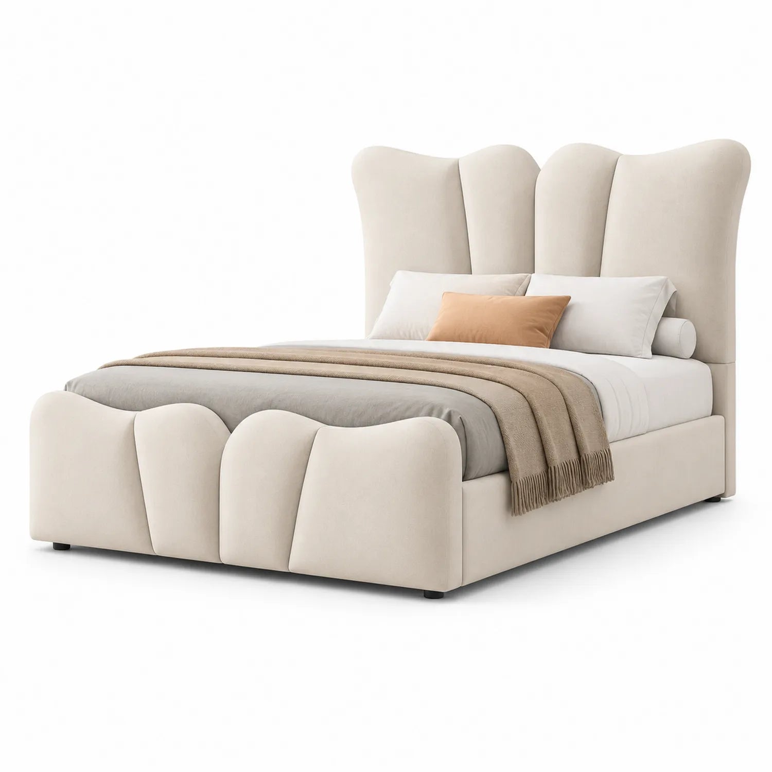 Letto matrimoniale con testiera alta in tessuto beige 200x160 cm