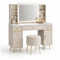 Tavolo da toeletta in legno MDF con specchio illuminato e sgabello in finta pelle beige