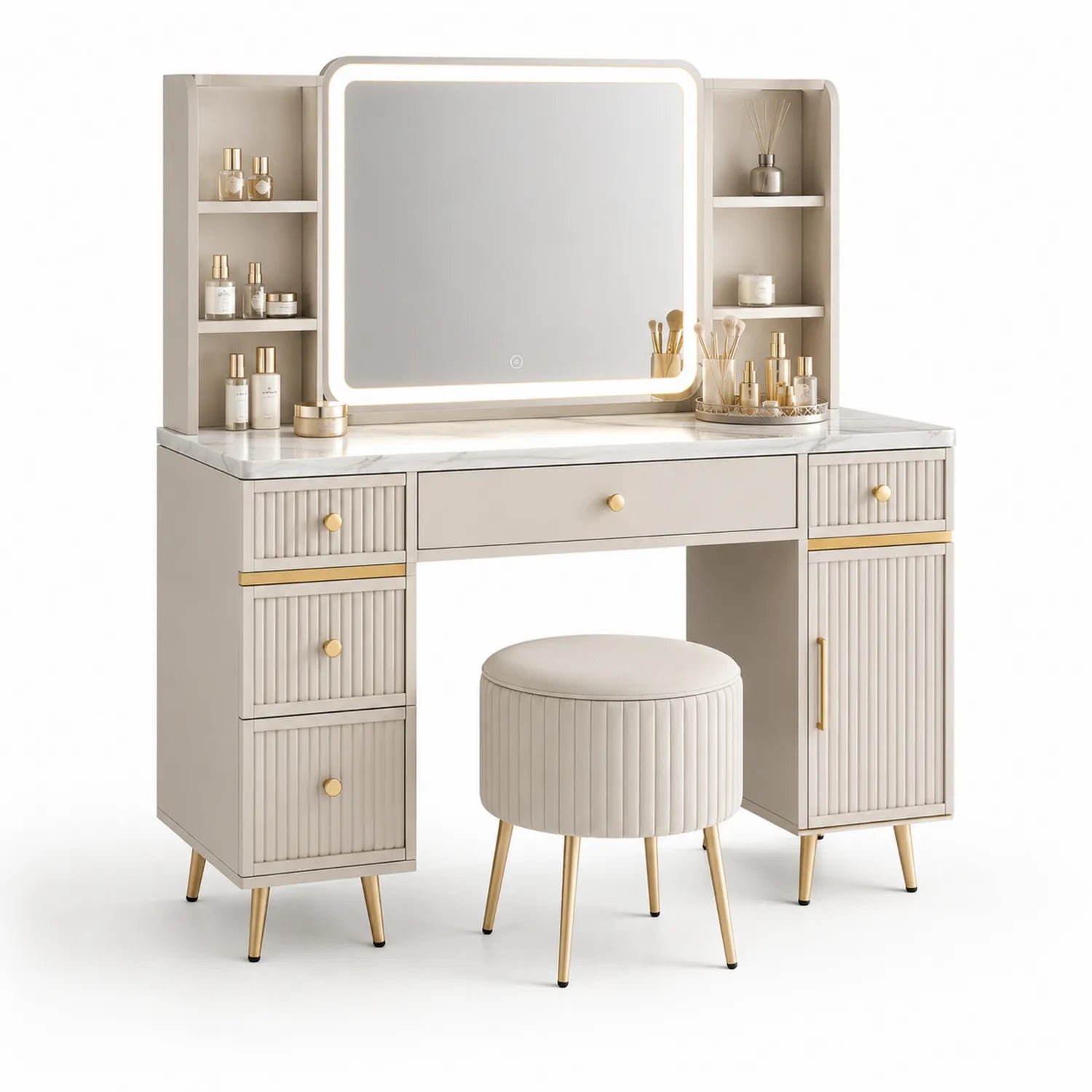 Tavolo da toeletta in legno MDF con specchio illuminato e sgabello in finta pelle beige