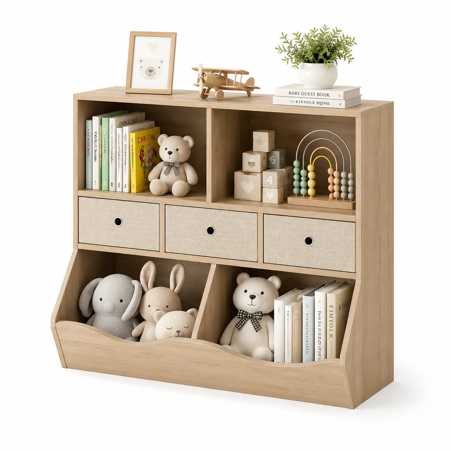 Mensola portaoggetti per bambini in legno con cassetti in tessuto 90x80x30 cm