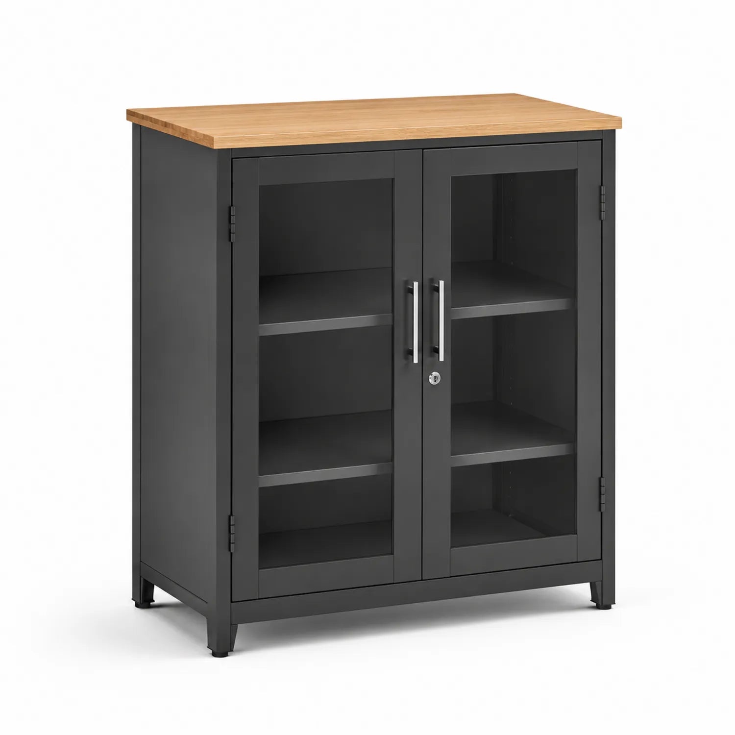 Armadio in metallo con piano in legno e ante in vetro temperato nero 100x50x86cm