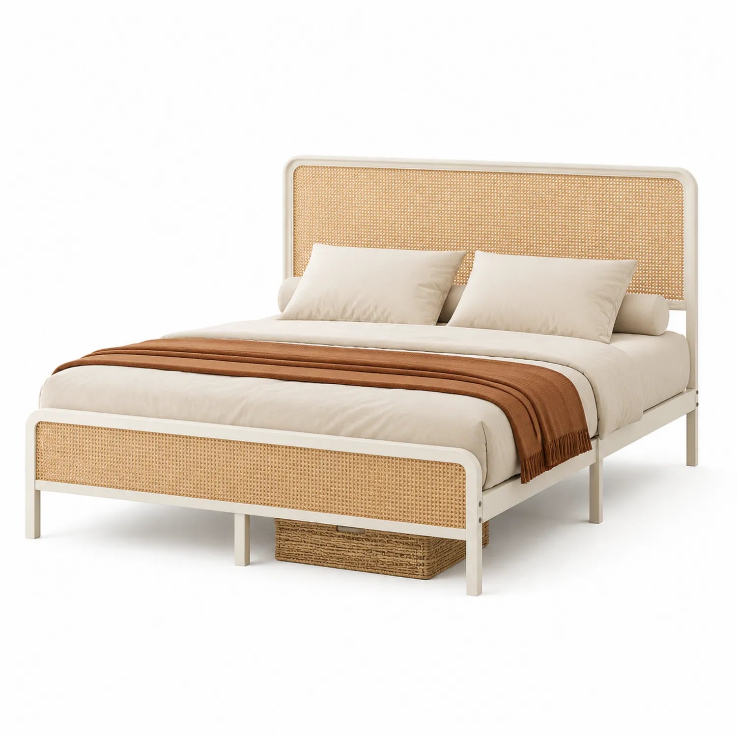 Letto matrimoniale in legno e rattan beige 200x160 cm