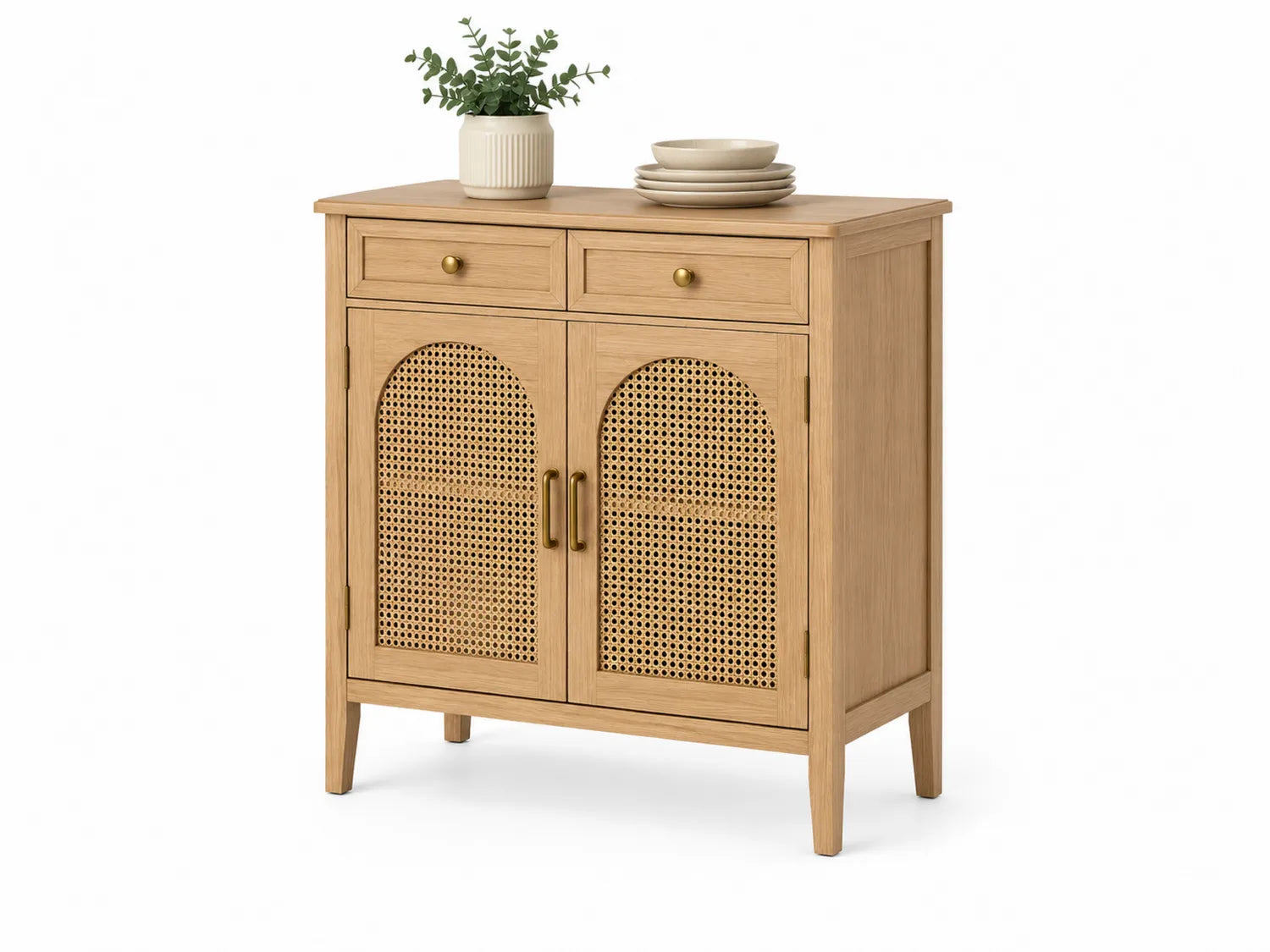Credenza in legno con cassetti e ante in rattan