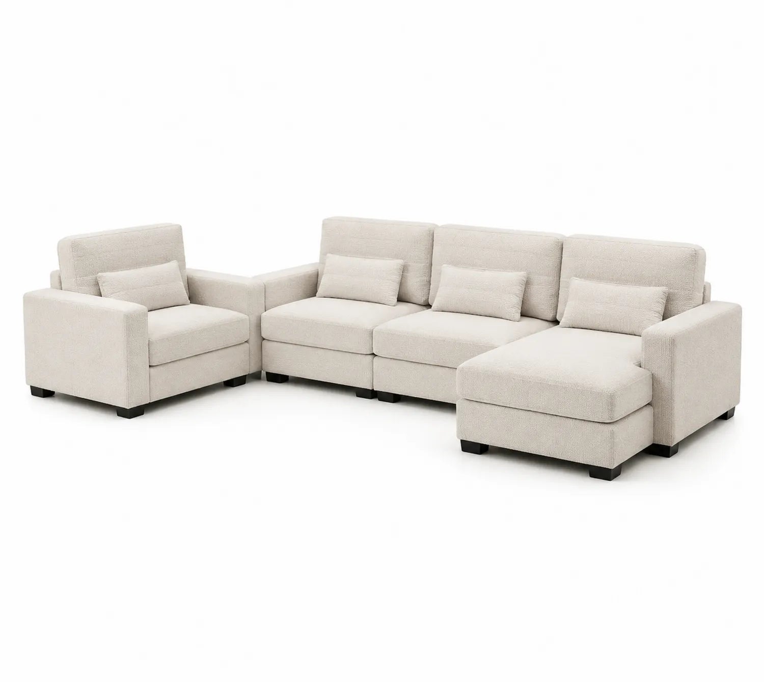 Divano angolare modulare in tessuto con chaise longue e cuscini