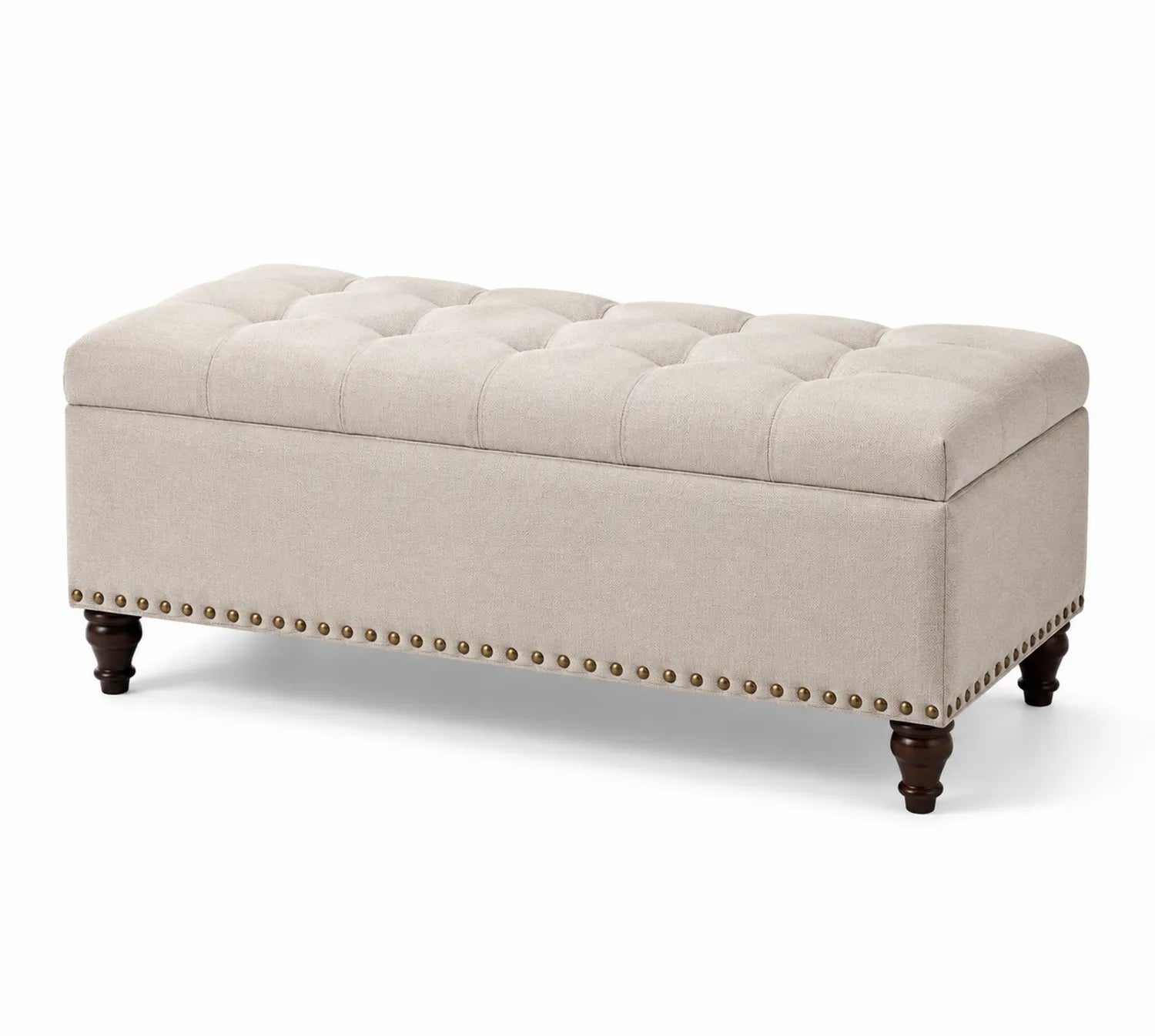 Panca contenitore imbottita in tessuto beige con gambe in legno