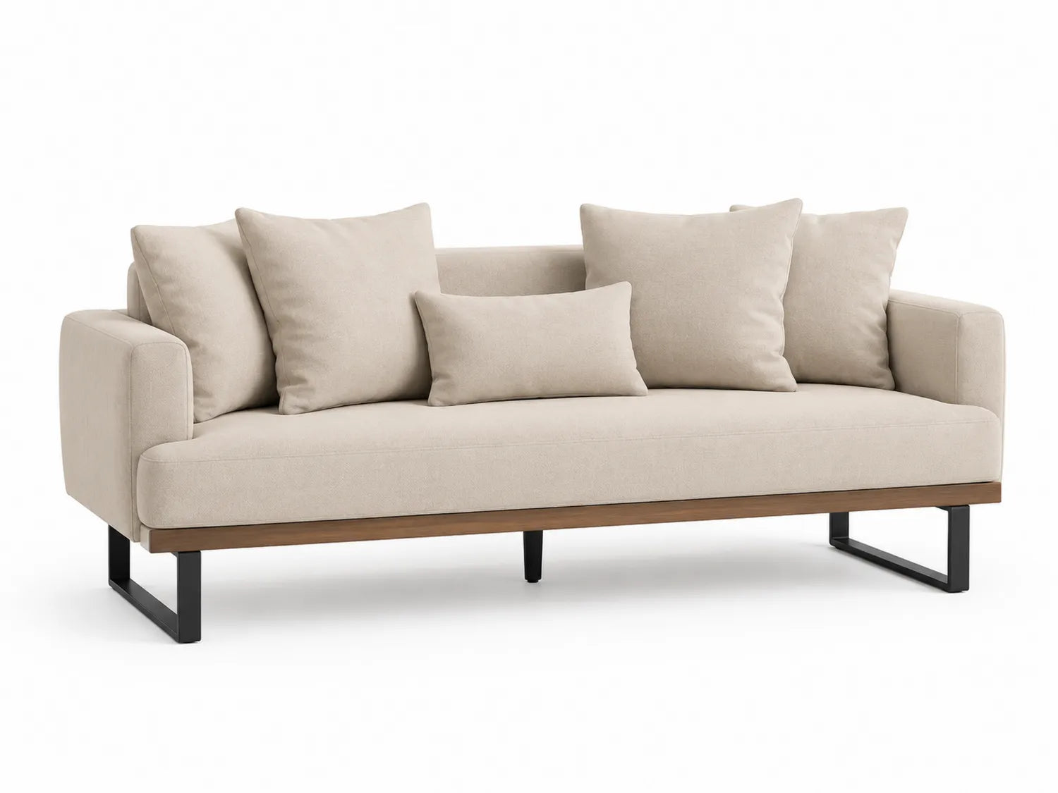 Divano a 3 posti in tessuto beige con gambe in metallo nero