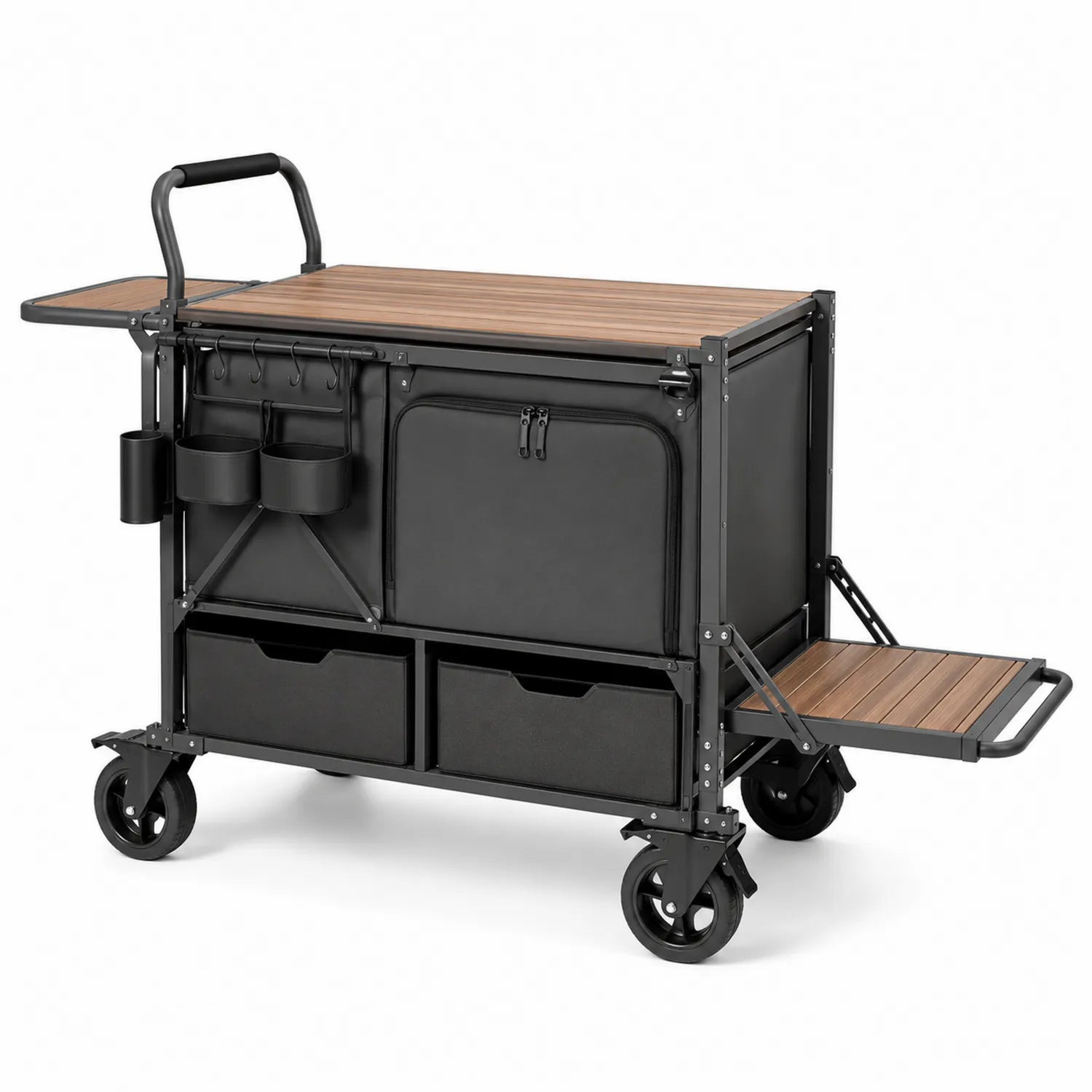 Carrello da esterno pieghevole con piano in legno e struttura in metallo nero