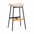 Sgabello da bar con struttura in metallo e legno, seduta in tessuto beige