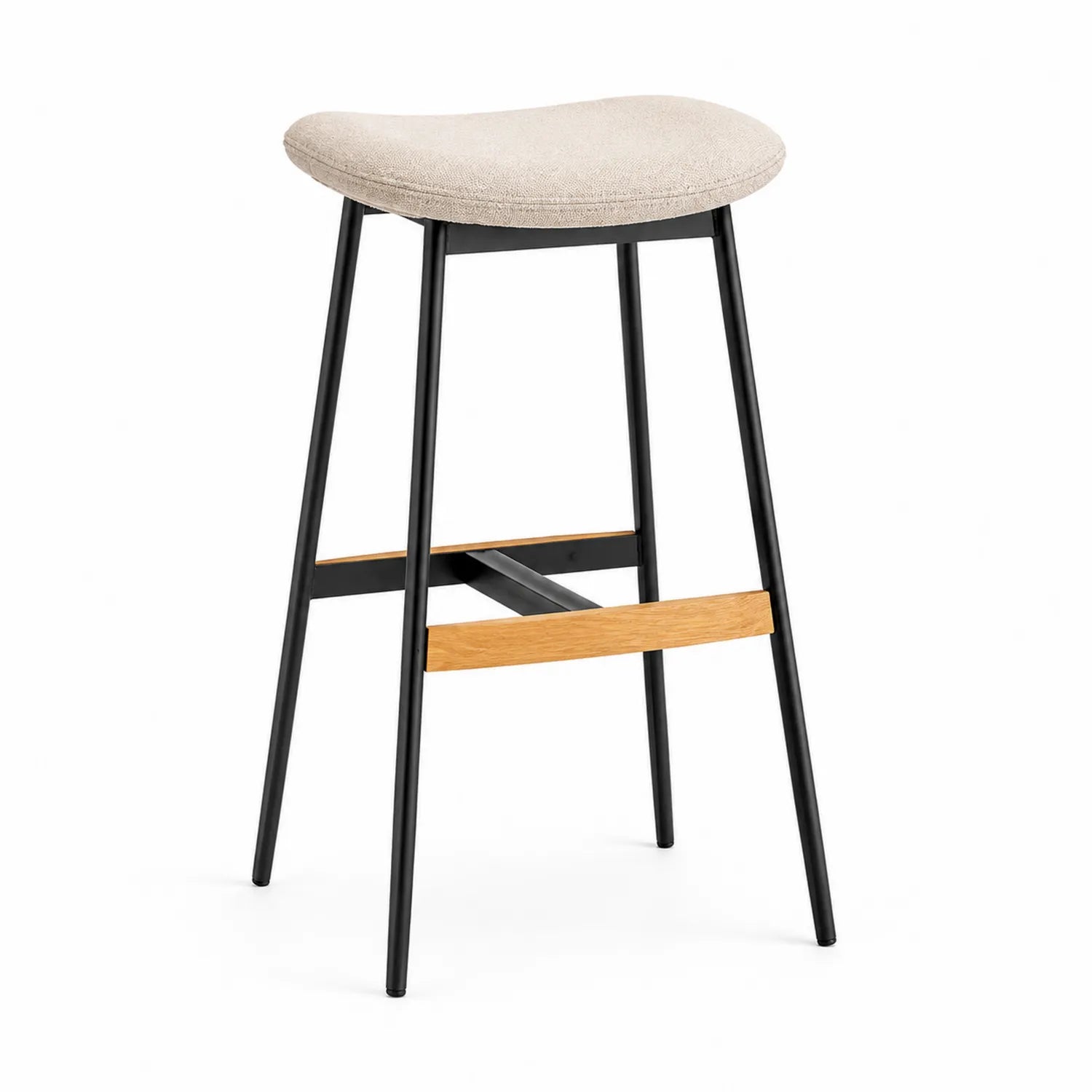 Sgabello da bar con struttura in metallo e legno, seduta in tessuto beige