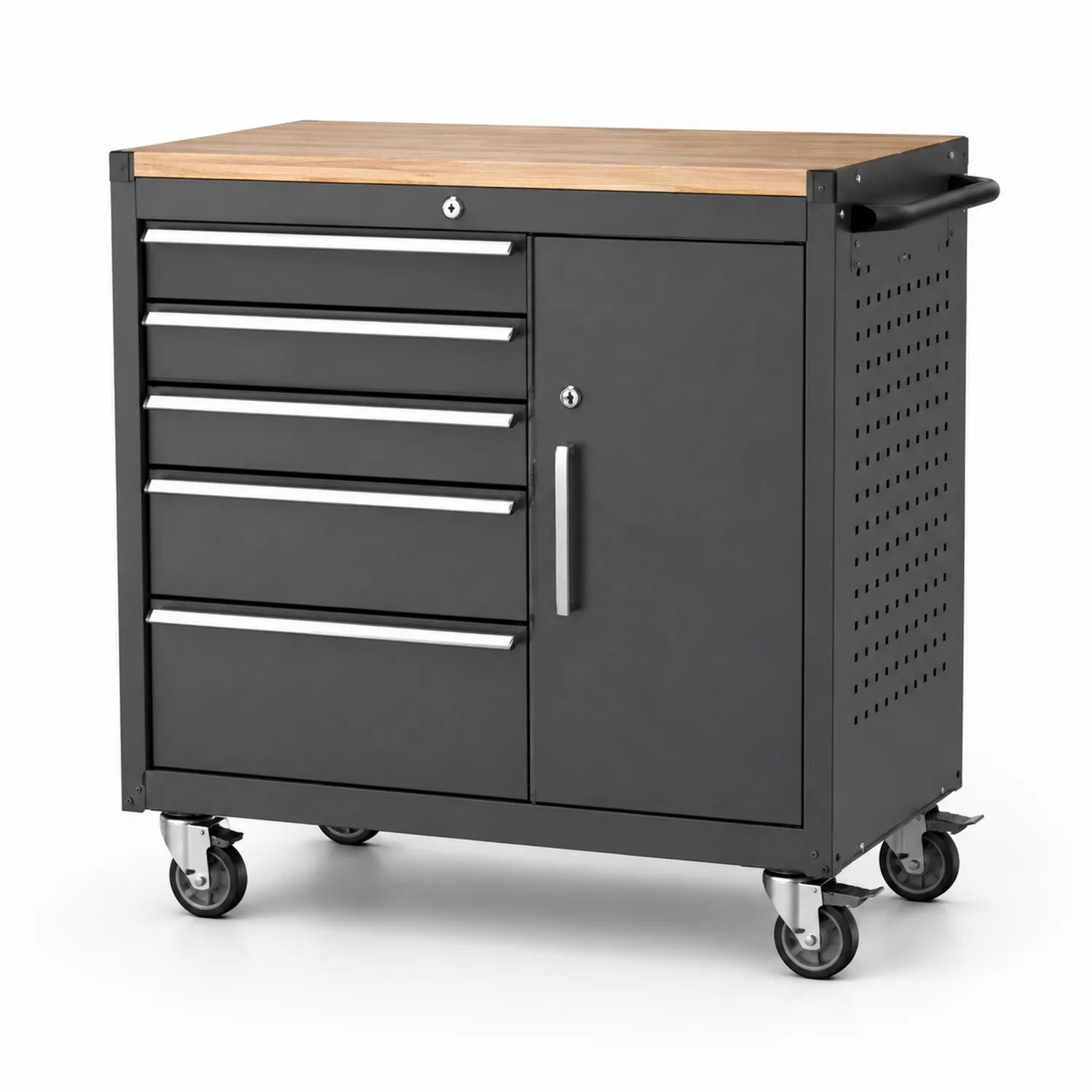 Carrello da lavoro in metallo con cassetti e ripiano in legno