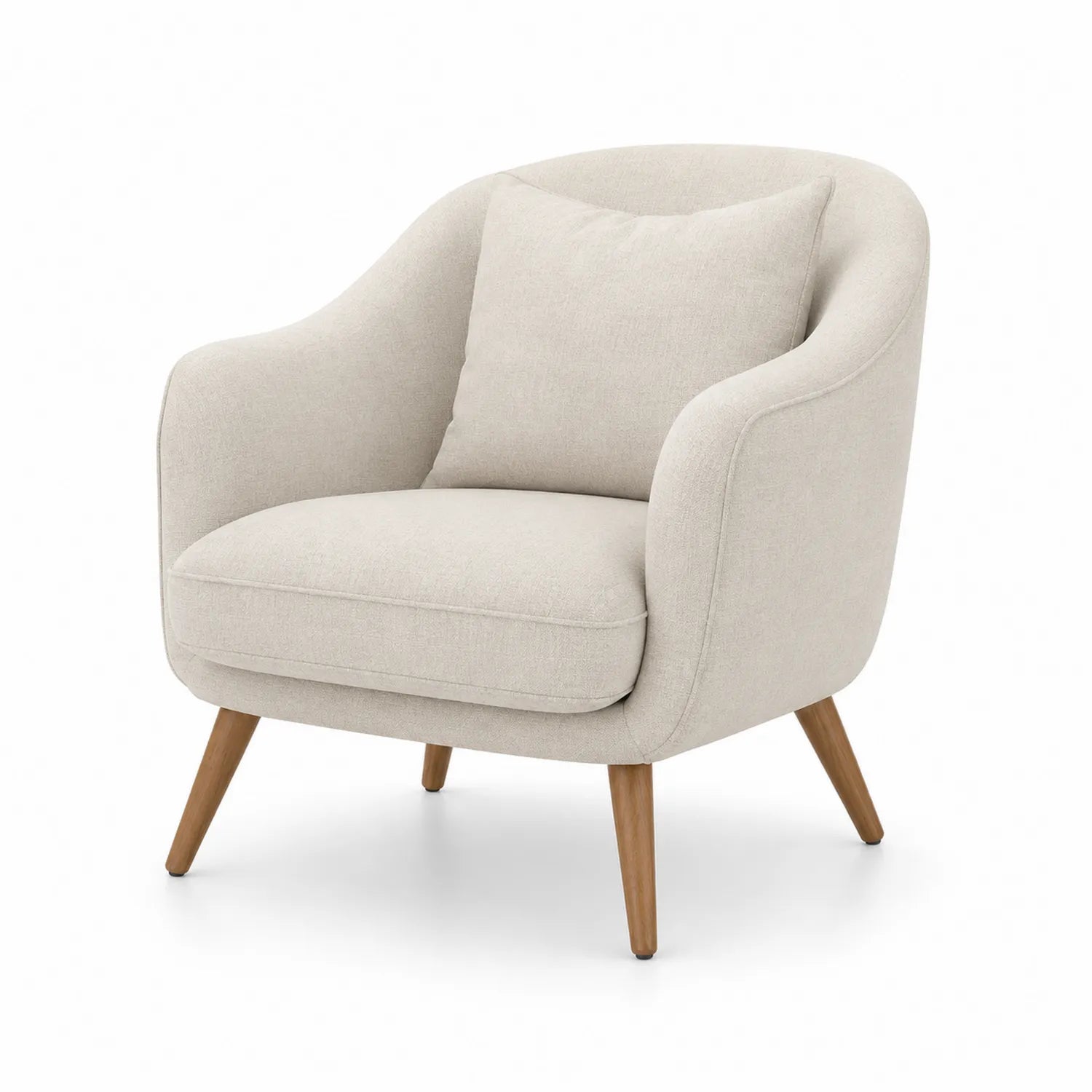 Poltrona in tessuto beige con gambe in legno