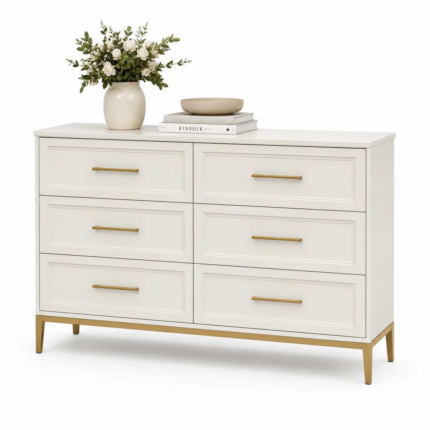 Cassettiera a 6 cassetti in MDF bianco con maniglie dorate