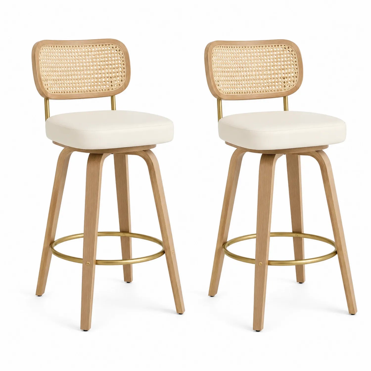 Set di 2 sgabelli da bar in legno e metallo con seduta in ecopelle bianca e schienale in rattan