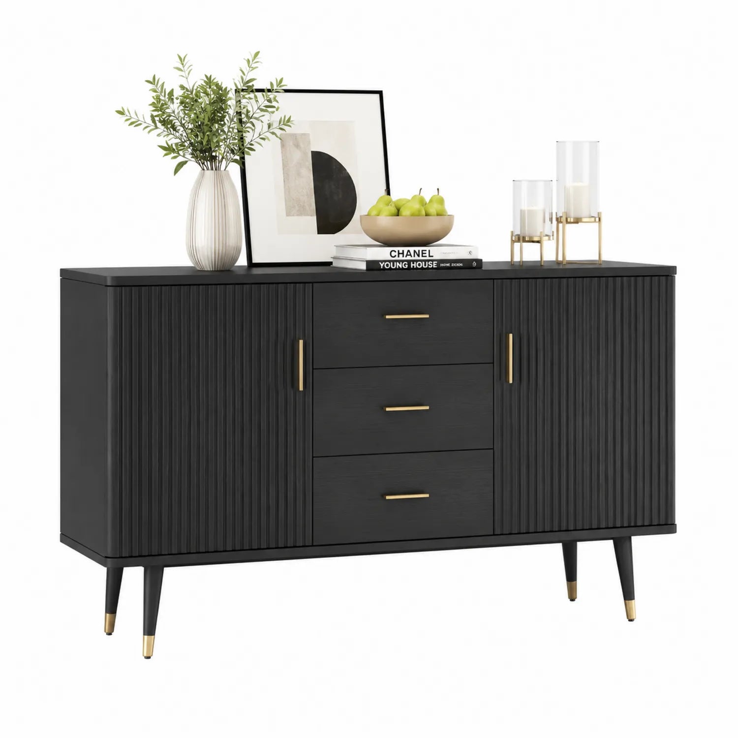 Credenza in legno nero con maniglie in metallo dorato