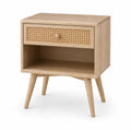 Comodino in Legno di Quercia con Cassetto in Rattan