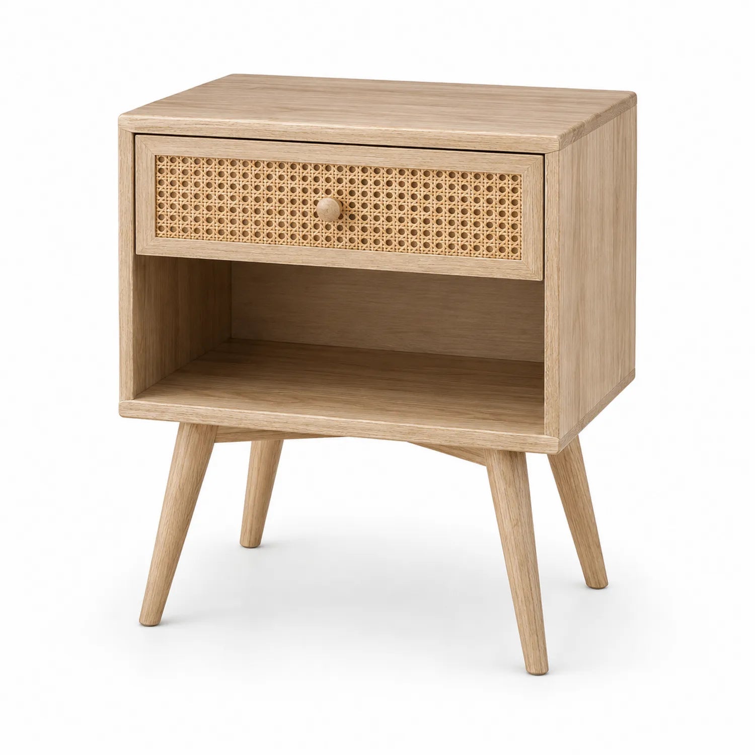 Comodino in Legno di Quercia con Cassetto in Rattan