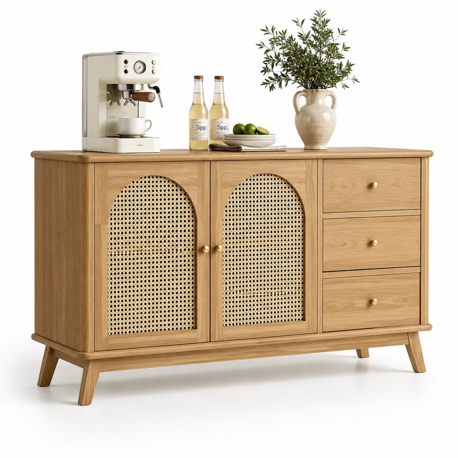Credenza in Legno con Porte in Rattan e Cassetti