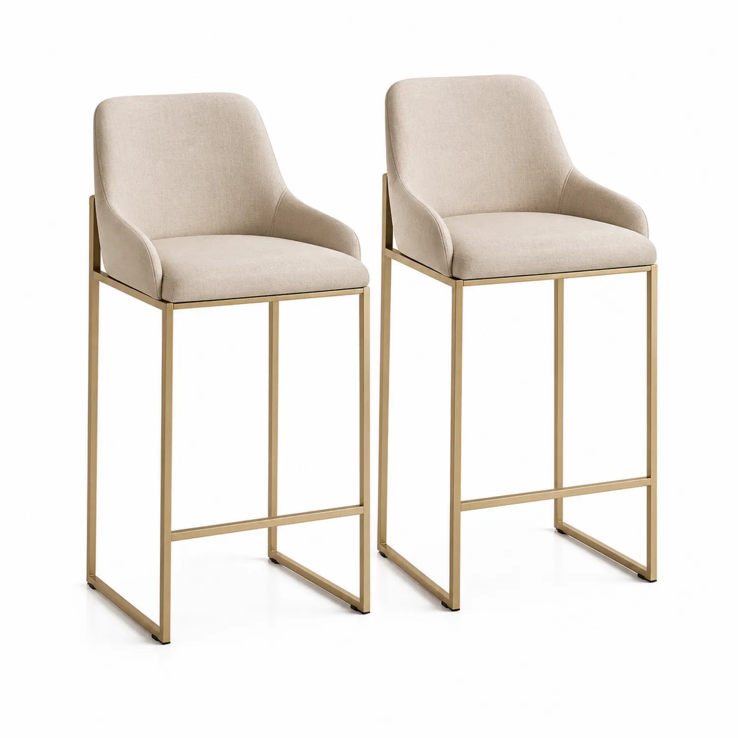 Set di Sgabelli da Bar Beige in Tessuto Poliestere con Struttura in Metallo Dorato