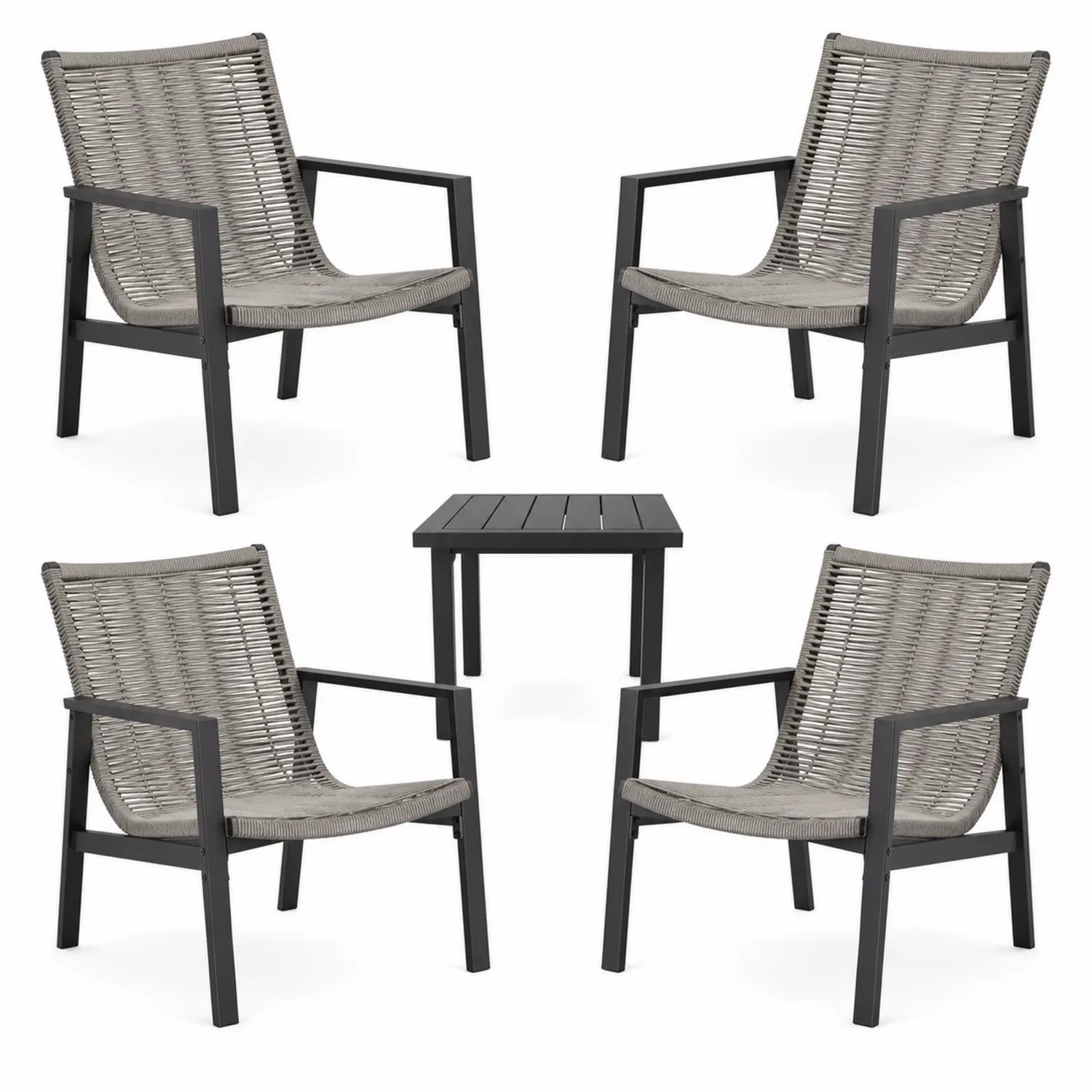 Set da giardino 4 sedie in alluminio e corda con tavolino grigio