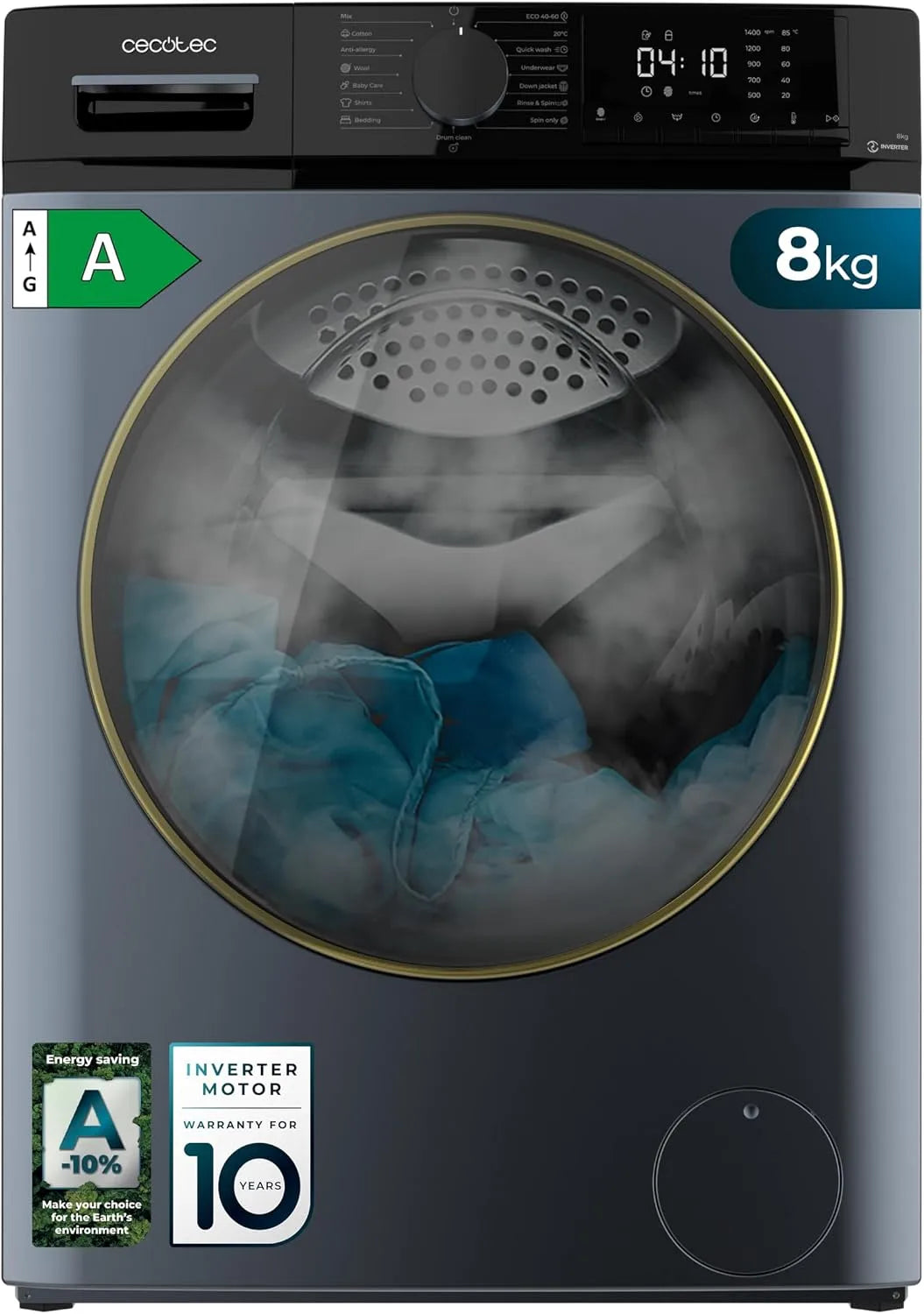 Cecotec Bolero Dresscode 8610 Lavatrice, 2000 W, 15 programmi, 8 kg, classe energetica A, Inverter, blu, Steam Max, 1400 RPM, Onsmart, Fuzzy Logic
