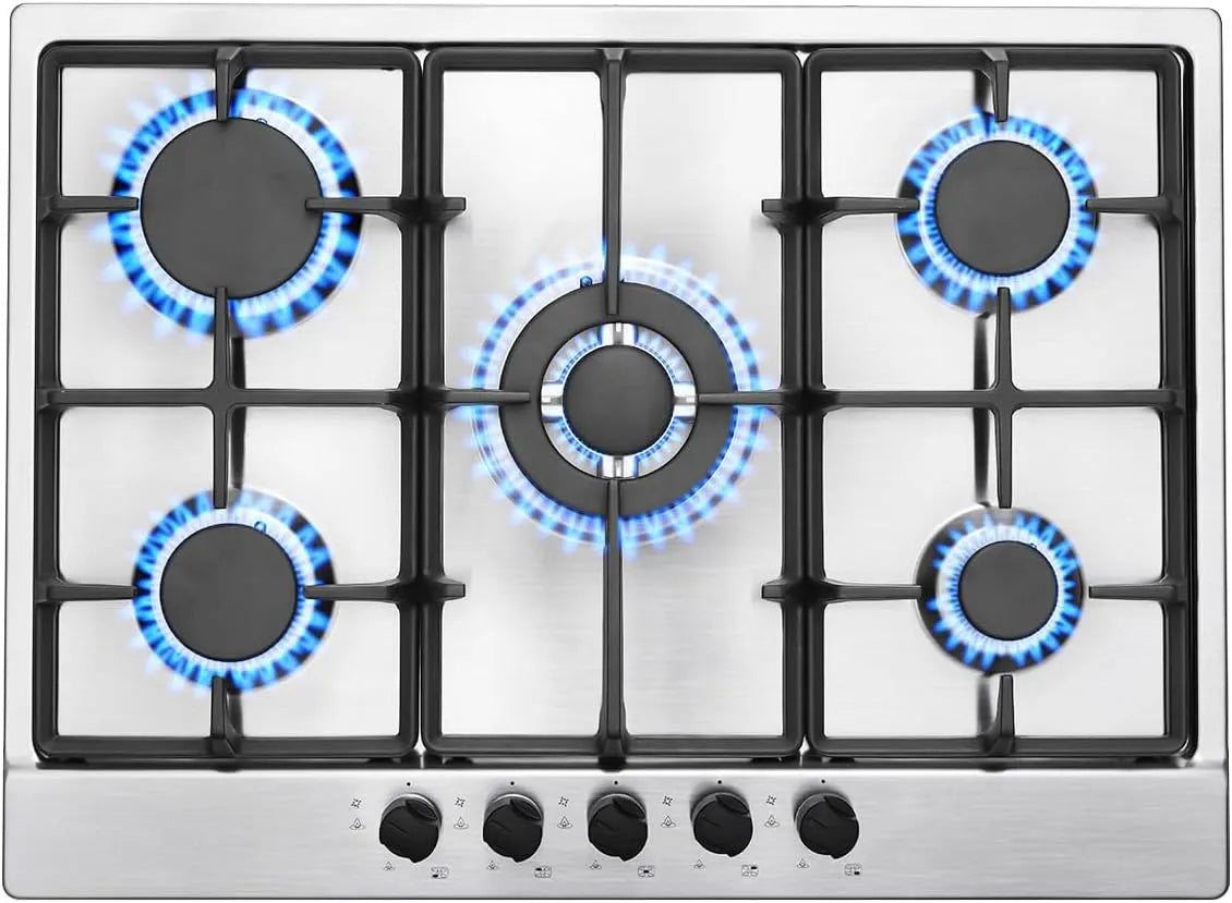 Piano cottura a gas, 68cm, 5 fuochi, 10460 W, 240 V, acciaio inox, fornello a gas, 220-240 V, Gas Naturale e Gas Propano, Incorporato