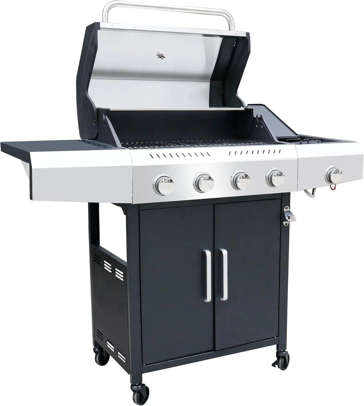 Prodotto 5 Fuochi, BRICOZONE Barbecue A Gas Professionale XXL 5 Bruciatori Con Bruciatore Laterale 16 Kw Coperchio Doppio Termometro Ruote Piani