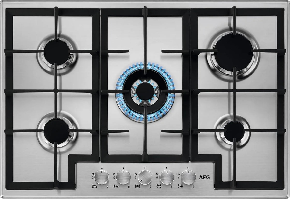 AEG HGB75400SM Piano cottura a gas, 75 cm, 5 fuochi, ghisa, acciaio inox, fornello a gas