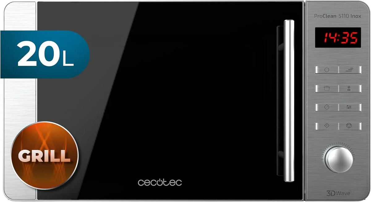 Cecotec Ready2Clean Forno a microonde, 20 L, 700/800 W, 8 programmi, grill, timer, acciaio inox, timer 60 min, display LED, 5 livelli operativi