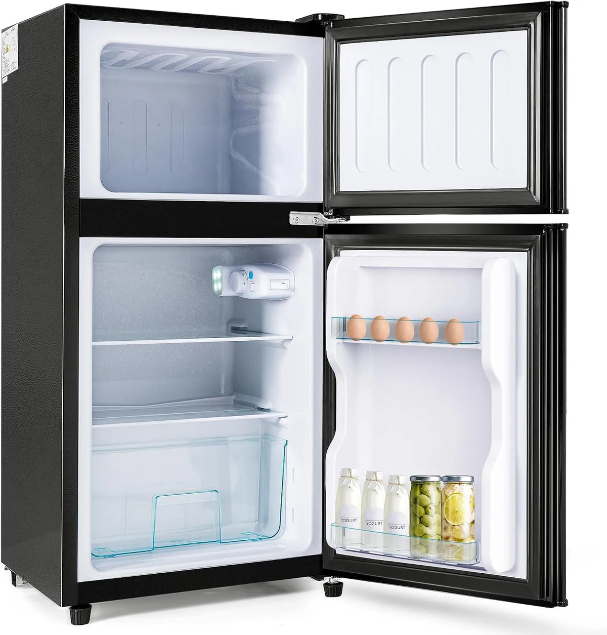 Frigorifero combinato, 60 L, 86, 8x45, 5 cm, frigo con congelatore, nero, Mini Frigo Bar con LED Interna e Ripiani Rimovibili, 102 kWh, anno, 22+38