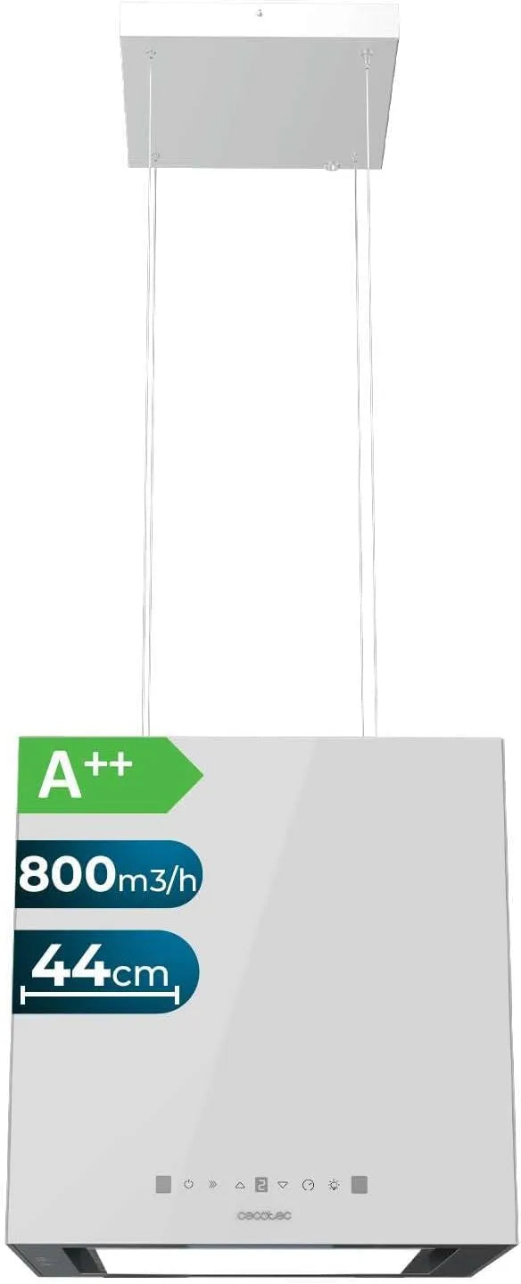 Cecotec Bolero Flux CCT 800m3, h Cappa aspirante, 44 cm, 210 W, 800 m3/h, cappa da cucina, bianco, Carbonio Ø176, alluminio 5 strati, LED, 210W