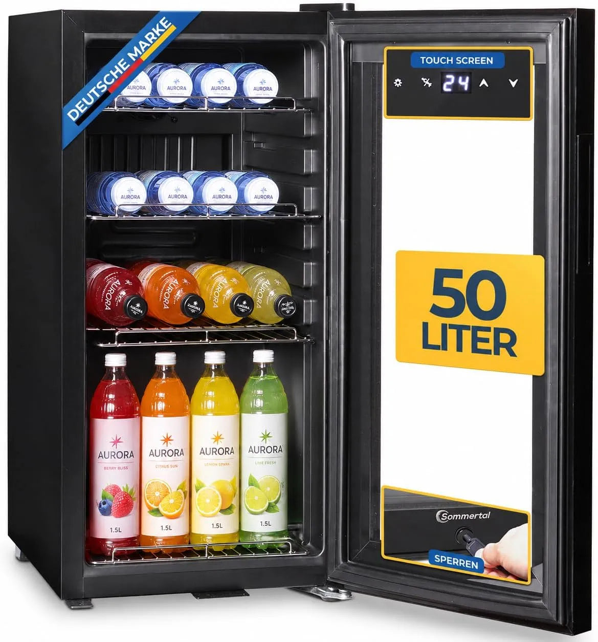 Frigorifero GK50, 50 L, touch, vetro, nero, frigorifero silenzioso con LED, touch screen e serratura piccolo frigorifero per bottiglie nero 50L