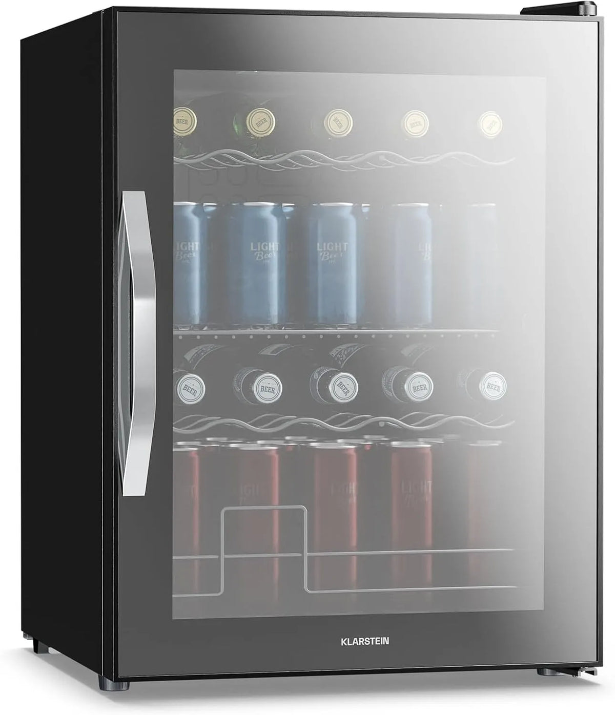 Klarstein Frigorifero, 60 L, 0 a 13 °C, vetro, 4 Ripiani Regolabili, LED, Temperatura 0-13°C, Frigorifero Vetrina Bibite, Design Moderno