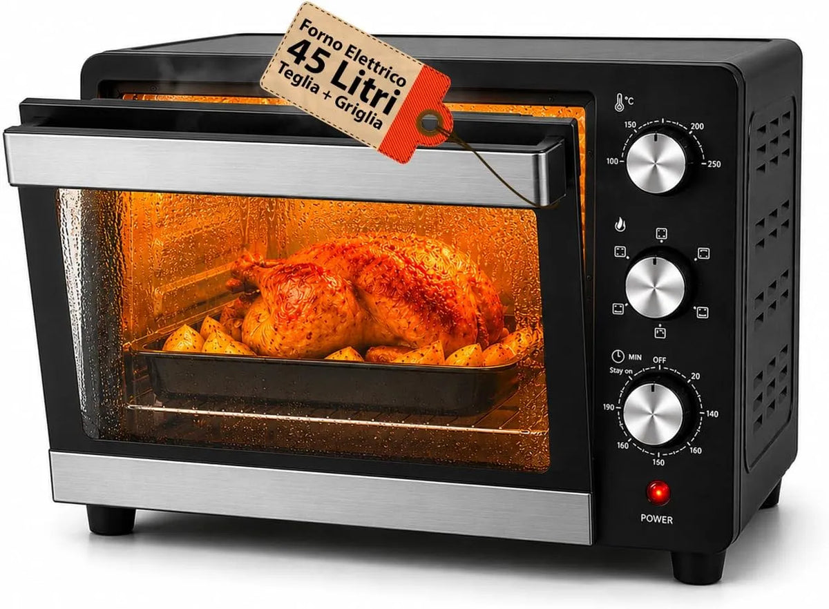 Forno elettrico, 45 L, 1800 W, timer, grill, compatto, acciaio inox, 1800W, Doppio Vetro